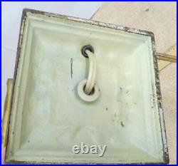 Antique Cast Metal Base 4 Panel Slag Glass Boudoir Table Lamp Floral Design