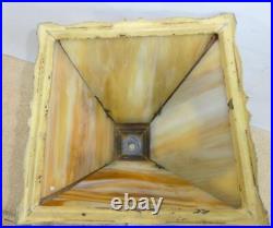 Antique Cast Metal Base 4 Panel Slag Glass Boudoir Table Lamp Floral Design