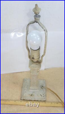 Antique Cast Metal Base 4 Panel Slag Glass Boudoir Table Lamp Floral Design