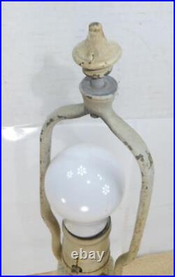 Antique Cast Metal Base 4 Panel Slag Glass Boudoir Table Lamp Floral Design