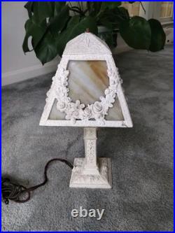 Antique Cast Metal Base 4 Panel Slag Glass Boudoir Table Lamp Floral Swags Wow