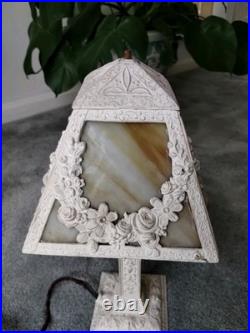 Antique Cast Metal Base 4 Panel Slag Glass Boudoir Table Lamp Floral Swags Wow