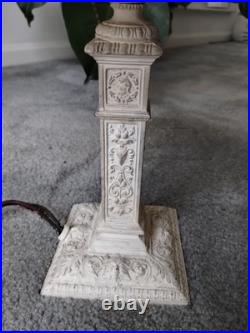 Antique Cast Metal Base 4 Panel Slag Glass Boudoir Table Lamp Floral Swags Wow