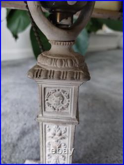 Antique Cast Metal Base 4 Panel Slag Glass Boudoir Table Lamp Floral Swags Wow