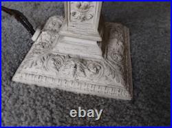 Antique Cast Metal Base 4 Panel Slag Glass Boudoir Table Lamp Floral Swags Wow