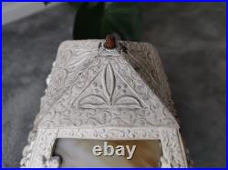 Antique Cast Metal Base 4 Panel Slag Glass Boudoir Table Lamp Floral Swags Wow