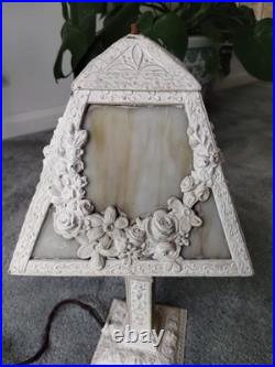 Antique Cast Metal Base 4 Panel Slag Glass Boudoir Table Lamp Floral Swags Wow