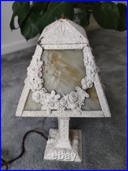 Antique Cast Metal Base 4 Panel Slag Glass Boudoir Table Lamp Floral Swags Wow