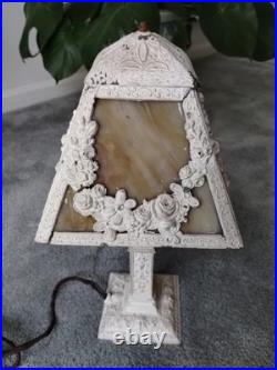 Antique Cast Metal Base 4 Panel Slag Glass Boudoir Table Lamp Floral Swags Wow