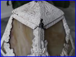 Antique Cast Metal Base 4 Panel Slag Glass Boudoir Table Lamp Floral Swags Wow