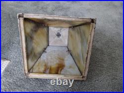 Antique Cast Metal Base 4 Panel Slag Glass Boudoir Table Lamp Floral Swags Wow
