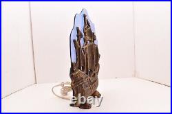 Antique Cast Metal Figural Ship Nautical Table Lamp Blue Slag Glass Shade Light