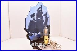 Antique Cast Metal Figural Ship Nautical Table Lamp Blue Slag Glass Shade Light