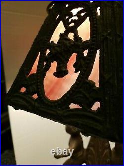 Antique Cherub And Slag Glass Lamp, cast metal approx. 19 x 12 side\ desk