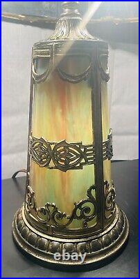Antique Chicago Glass Panel Mosaic Slag Lamp With 2 Top Lights & Base Light