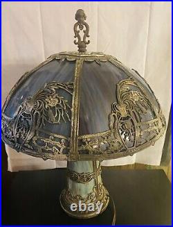 Antique Chicago Glass Panel Mosaic Slag Lamp With 2 Top Lights & Base Light