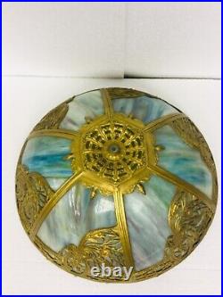Antique Chicago Mosaic Slag Glass Panel Lamp W Light up Base Urns Flowers Birds