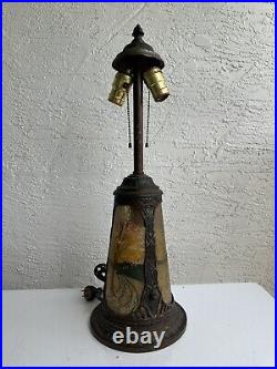 Antique Chipped Ice Reverse Painted Lighted Slag Glass Table Lamp Base 6J