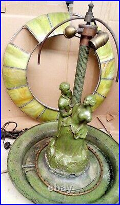 Antique Copper 16-Panel Green Slag Glass Pendant Fountain Lamp Combo (Gasolier)