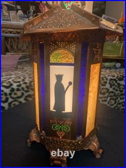 Antique Copper Ramadon Stained Glass Slag Silloiloutte Lantern Lamp Antique Copper Ramadon Stained Glass Slag Silloiloutte Lantern Lamp