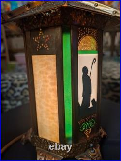 Antique Copper Ramadon Stained Glass Slag Silloiloutte Lantern Lamp