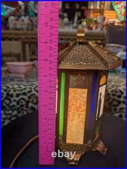 Antique Copper Ramadon Stained Glass Slag Silloiloutte Lantern Lamp