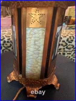 Antique Copper Ramadon Stained Glass Slag Silloiloutte Lantern Lamp