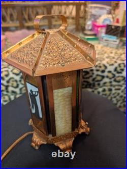 Antique Copper Ramadon Stained Glass Slag Silloiloutte Lantern Lamp