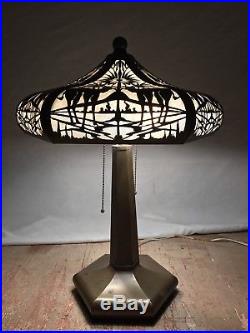 Antique Copper Slag Glass Table Lamp Camels Palms Limbert or Handel Some Issues