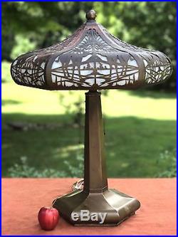 Antique Copper Slag Glass Table Lamp Camels Palms Limbert or Handel Some Issues
