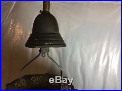 Antique Cream/ Green Slag Glass Hanging Oil Lamp 20 Diameter