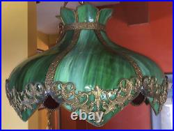 Antique Curved Slag Glass & Brass Filigree Shade Pendant Swag Light Lamp Nouveau