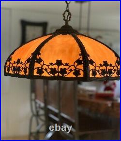 Antique Curved Slag Glass & Brass Hanging Lamp