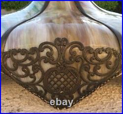Antique Curved Slag Glass & Brass Lamp Shade // 22 x 12 // Eight Panel