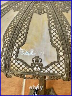 Antique Curved Slag Glass Bronze Stand Table Lamp