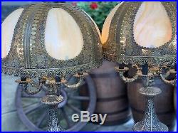 Antique Custom Metal and Slag Glass Candelabra Table Lamps Pair 37H