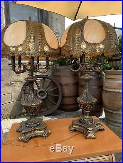 Antique Custom Metal and Slag Glass Candelabra Table Lamps Pair 37H