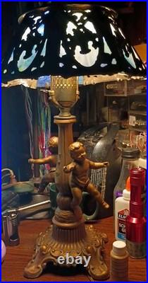 Antique Deco Cherub Slag Glass Lamp 2 Cherubs 3 Panels Missin Wrks Blue Green