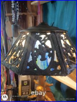 Antique Deco Cherub Slag Glass Lamp 2 Cherubs 3 Panels Missin Wrks Blue Green