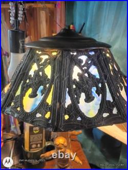 Antique Deco Cherub Slag Glass Lamp 2 Cherubs 3 Panels Missin Wrks Blue Green