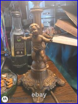 Antique Deco Cherub Slag Glass Lamp 2 Cherubs 3 Panels Missin Wrks Blue Green