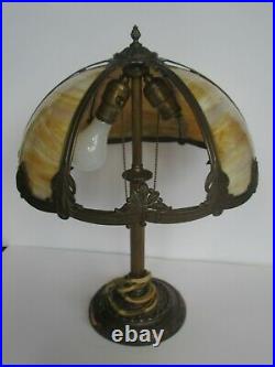 Antique Double Socket (6) Panel Caramel Slag Glass Lamp, Missing 1 Panel (Works)