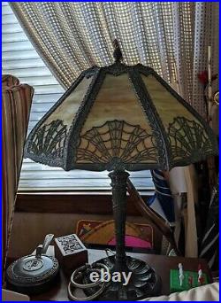 Antique E. M. Co Miller Bent Slag Glass Spider Web Design 8 Sided Table Lamp