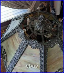 Antique E. M. Co Miller Bent Slag Glass Spider Web Design 8 Sided Table Lamp