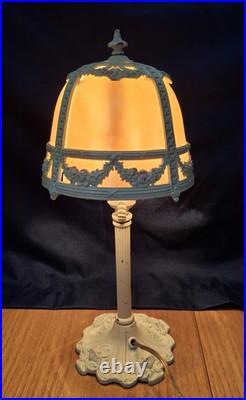 Antique E. Miller Bent 4 Panel Slag Glass Table Lamp Floral Iron Work 23 inch