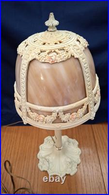 Antique E. Miller Bent 4 Panel Slag Glass Table Lamp Floral Iron Work 23 inch