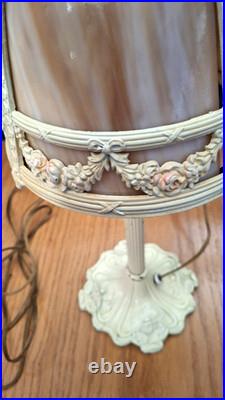 Antique E. Miller Bent 4 Panel Slag Glass Table Lamp Floral Iron Work 23 inch