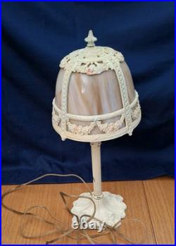 Antique E. Miller Bent 4 Panel Slag Glass Table Lamp Floral Iron Work 23 inch