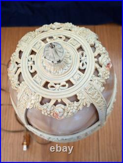 Antique E. Miller Bent 4 Panel Slag Glass Table Lamp Floral Iron Work 23 inch