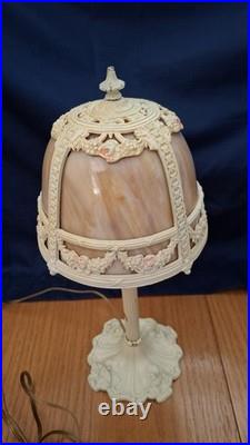 Antique E. Miller Bent 4 Panel Slag Glass Table Lamp Floral Iron Work 23 inch